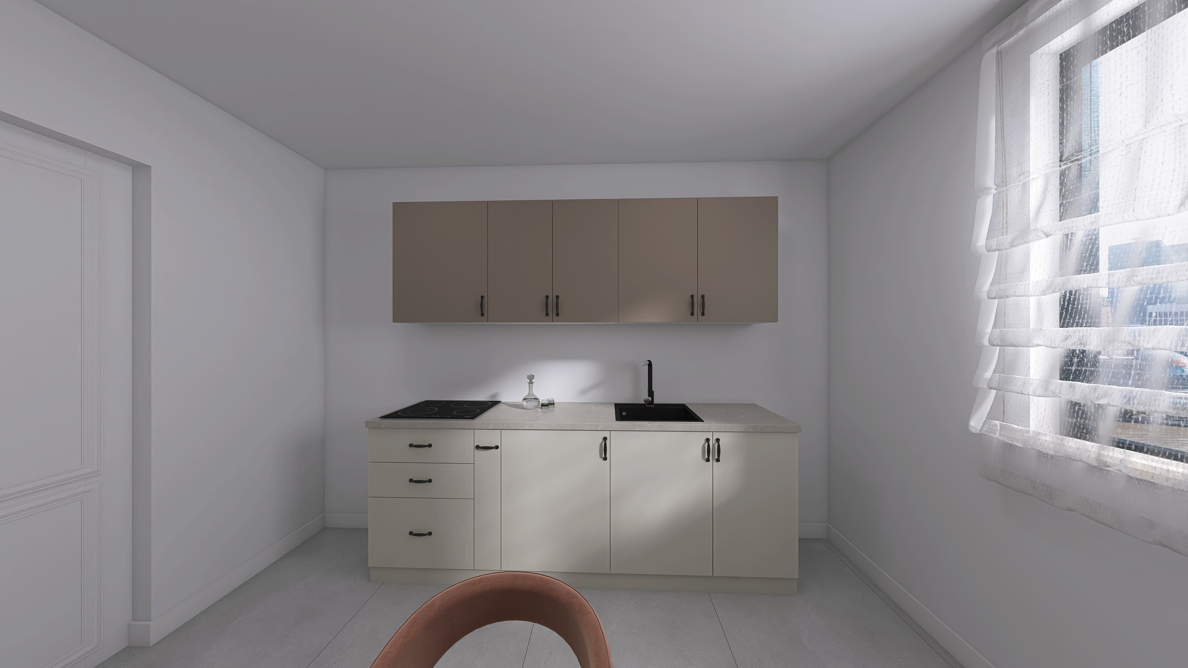 ELYA — A compact single-wall kitchen: greige wall units, cream fronts below, black handles and a light worktop.
